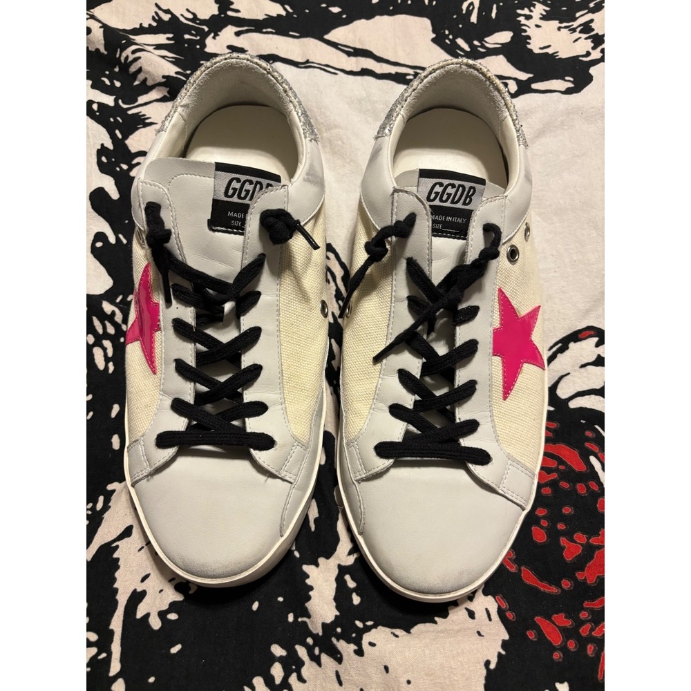 Golden Goose Super-Star White Leather Canvas Pink Star Glitter Sneakers 44